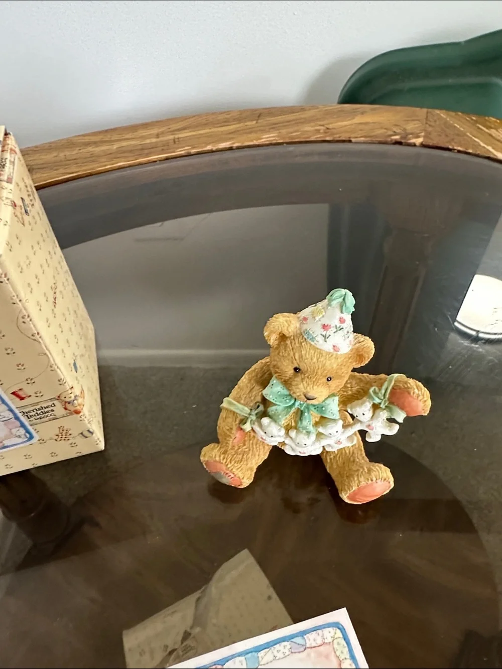 Cherished Teddies Tan Bear Figurine with Green Hat and Garland